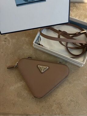 Prada mini Triangle Saffiano Pouch in Taupe with Gold Logo